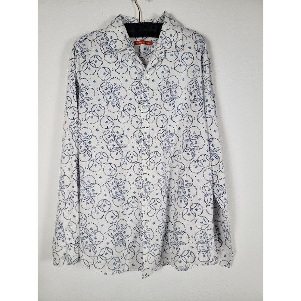 Tori Richard Mens White & Blue Geometric Button-Up Long Sleeve Shirt XL Casual